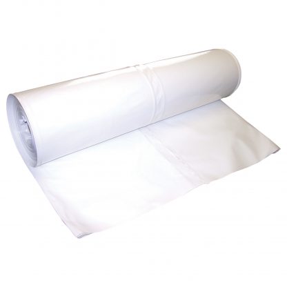 White shrink wrap shown on cardboard core; shrink wrap is folded and rolled onto core